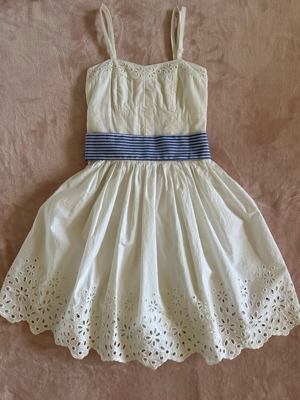 Avan Lily White Eyelet Cotton Sundress with Blue Striped Sash